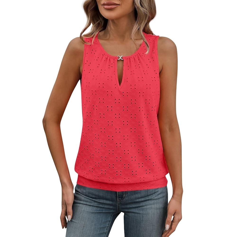 Sz XL Eyelet Embroidery Tank Top Casual Crewneck Baggy Sleeveless Shirt pink